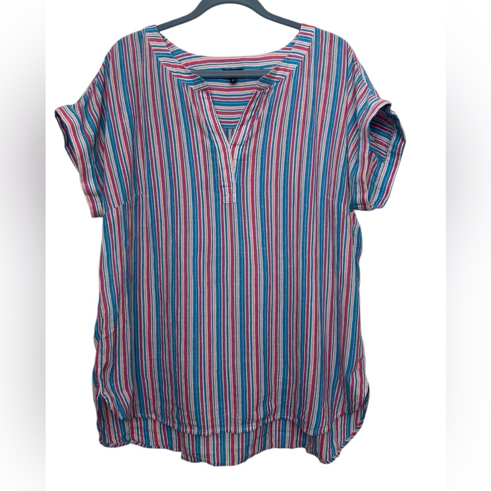 Talbots Cotton Cap Sleeve Top Pink and Blue Stripe Lightweight Size XL